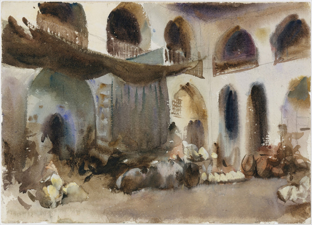 Aquarela de John Singer Sargent retratando um mercado ou rua em uma cidade oriental, com arcos, tendas e figuras indistinctas. Predominam tons terrosos e azuis escuros.