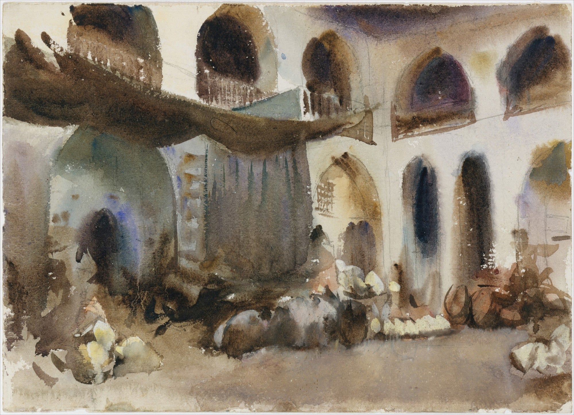 Aquarela de John Singer Sargent retratando um mercado ou rua em uma cidade oriental, com arcos, tendas e figuras indistinctas. Predominam tons terrosos e azuis escuros.