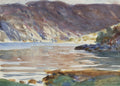 Aquarela de John Singer Sargent, representando uma paisagem costeira mediterrânea com montanhas rochosas e o mar azul-esverdeado, com assinatura no canto inferior direito.