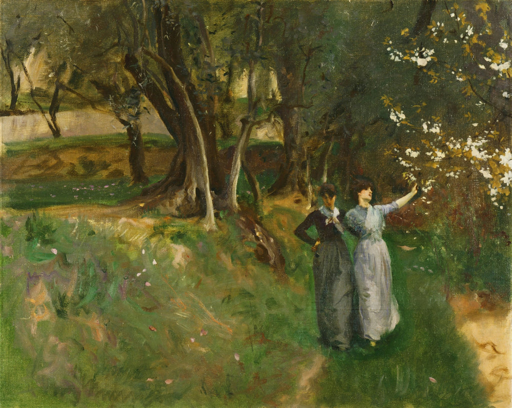 Duas mulheres em vestidos longos em uma paisagem verde luxuriante, com árvores e flores brancas. A mulher da direita aponta para as flores. Estilo impressionista com pinceladas soltas.