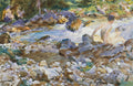 Aquarela de John Singer Sargent, 'Man in a Stream', retratando um homem nu sentado em um riacho rochoso com água cristalina e vegetação exuberante.