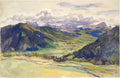 Quadro decorativo de uma paisagem montanhosa, provavelmente dos Alpes, pintada em aquarela por John Singer Sargent. A obra apresenta colinas e vales em tons de verde e azul, com picos de montanhas mais distantes em roxo e céu claro com nuvens brancas e acinzentadas.
