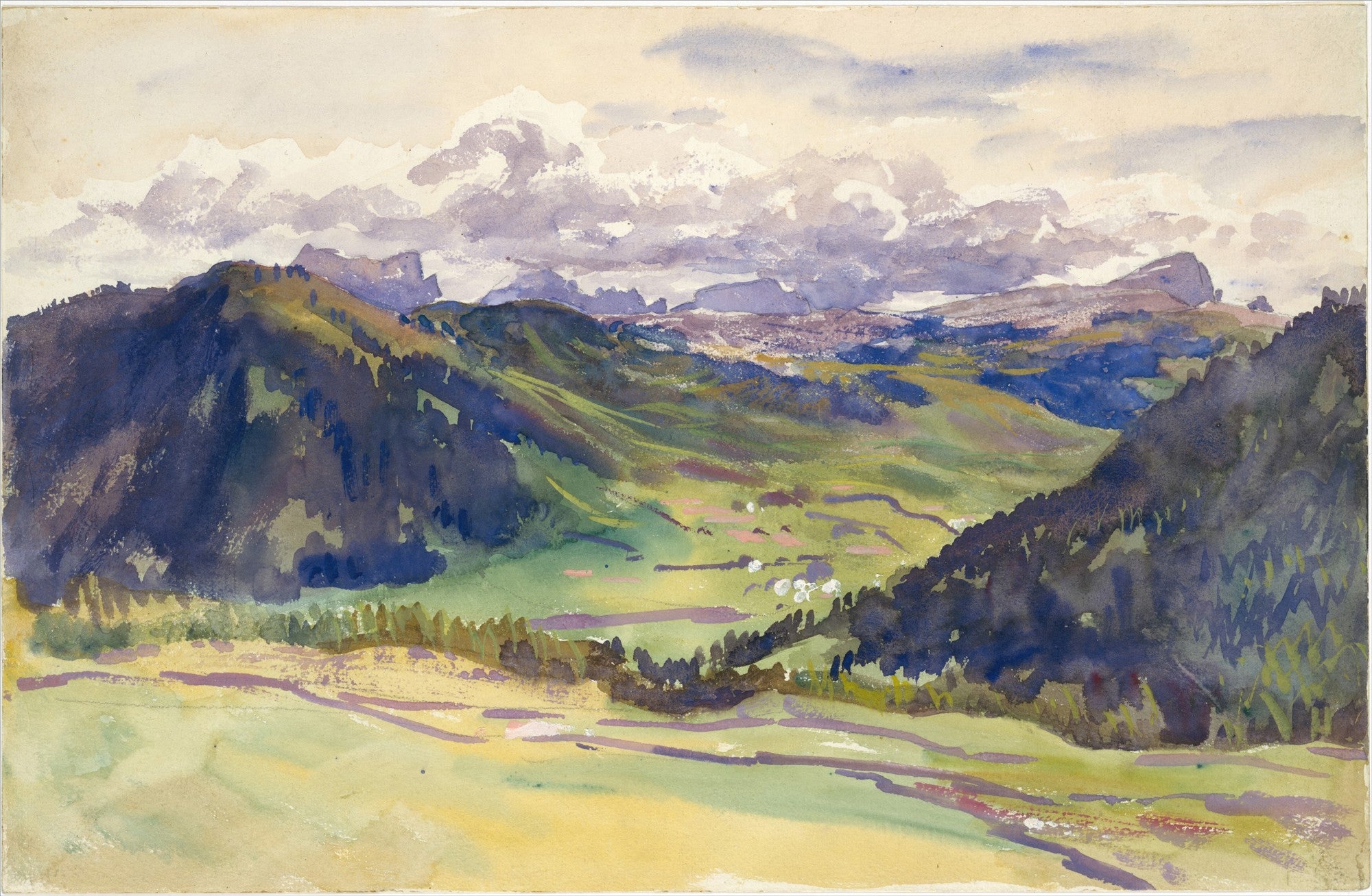 Quadro decorativo de uma paisagem montanhosa, provavelmente dos Alpes, pintada em aquarela por John Singer Sargent. A obra apresenta colinas e vales em tons de verde e azul, com picos de montanhas mais distantes em roxo e céu claro com nuvens brancas e acinzentadas.