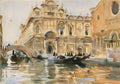 Pintura em aquarela de John Singer Sargent mostrando um canal em Veneza com edifícios antigos, uma ponte e gôndolas com pessoas. A luz do sol reflete na água, criando um efeito cintilante. A paleta de cores é composta por tons de bege, marrom, azul claro e verde-água.