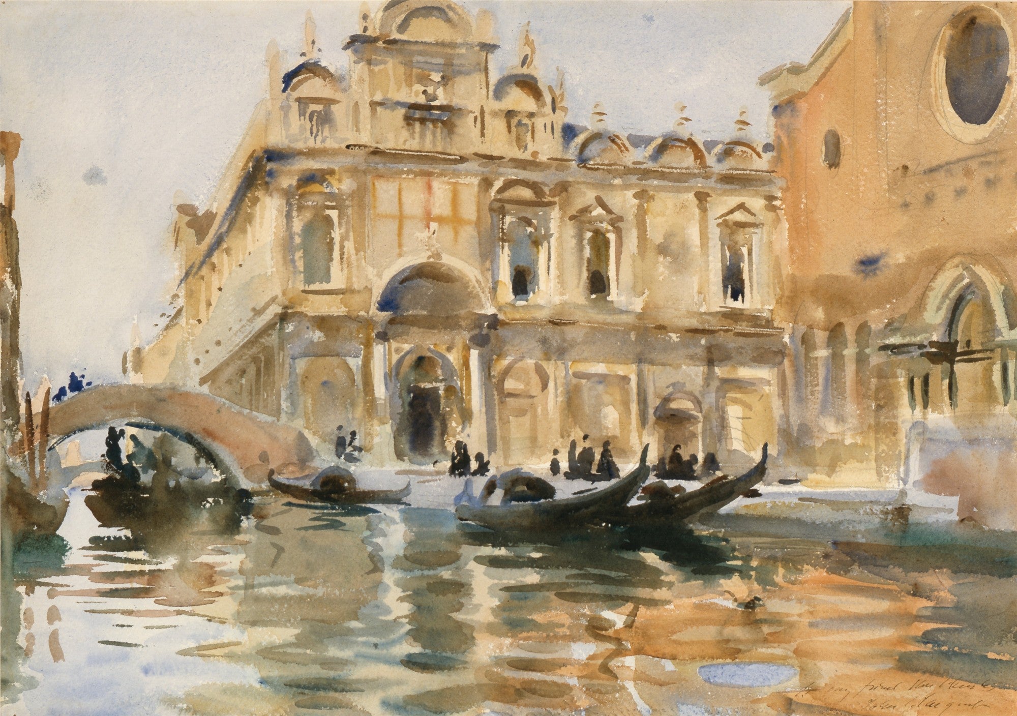 Pintura em aquarela de John Singer Sargent mostrando um canal em Veneza com edifícios antigos, uma ponte e gôndolas com pessoas. A luz do sol reflete na água, criando um efeito cintilante. A paleta de cores é composta por tons de bege, marrom, azul claro e verde-água.