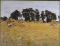 Pintura a óleo de John Singer Sargent representando ceifeiros descansando em um campo de trigo dourado sob um céu cinzento-azulado, com montes de feno e árvores escuras ao fundo.