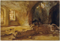 Quadro decorativo em aquarela com interior escuro, iluminado por uma janela com grades no lado esquerdo e feixes de luz vindos do alto, criando contraste entre sombras profundas e áreas claras em tons de marrom, ocre e dourado. A cena sugere um ambiente antigo, talvez um porão ou ruína, com arcos e degraus visíveis.