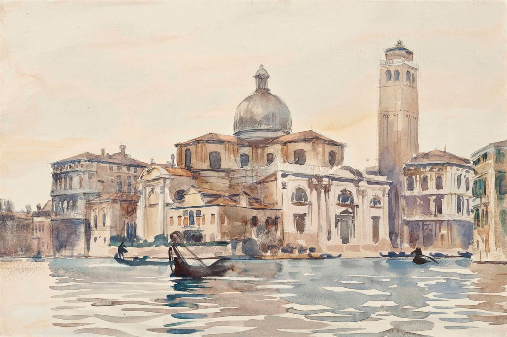 Aquarela de John Singer Sargent retratando uma paisagem urbana de Veneza, com edifícios históricos, uma cúpula, uma torre e canais com gôndolas e figuras. A luz é suave e a paleta de cores é em tons pastel e terrosos.