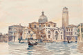 Aquarela de John Singer Sargent retratando uma paisagem urbana de Veneza, com edifícios históricos, uma cúpula, uma torre e canais com gôndolas e figuras. A luz é suave e a paleta de cores é em tons pastel e terrosos.