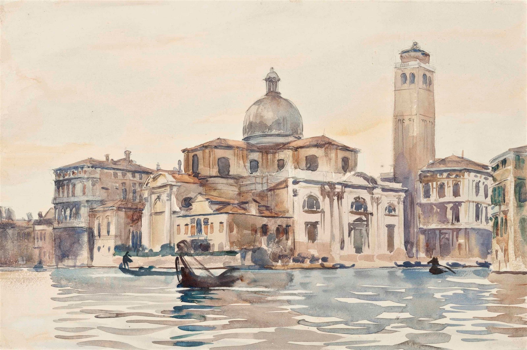 Aquarela de John Singer Sargent retratando uma paisagem urbana de Veneza, com edifícios históricos, uma cúpula, uma torre e canais com gôndolas e figuras. A luz é suave e a paleta de cores é em tons pastel e terrosos.