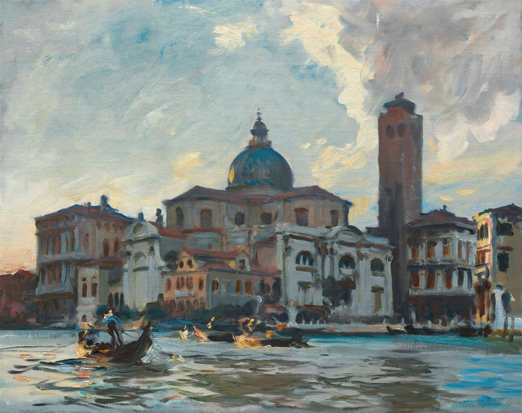 Pintura a óleo de John Singer Sargent retratando o Grande Canal de Veneza ao entardecer, com gôndolas e edifícios históricos como a Basílica de Santa Maria della Salute.