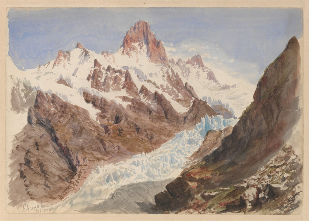 Aquarela de John Singer Sargent mostrando montanhas rochosas cobertas de neve e gelo, com um céu azul claro ao fundo.