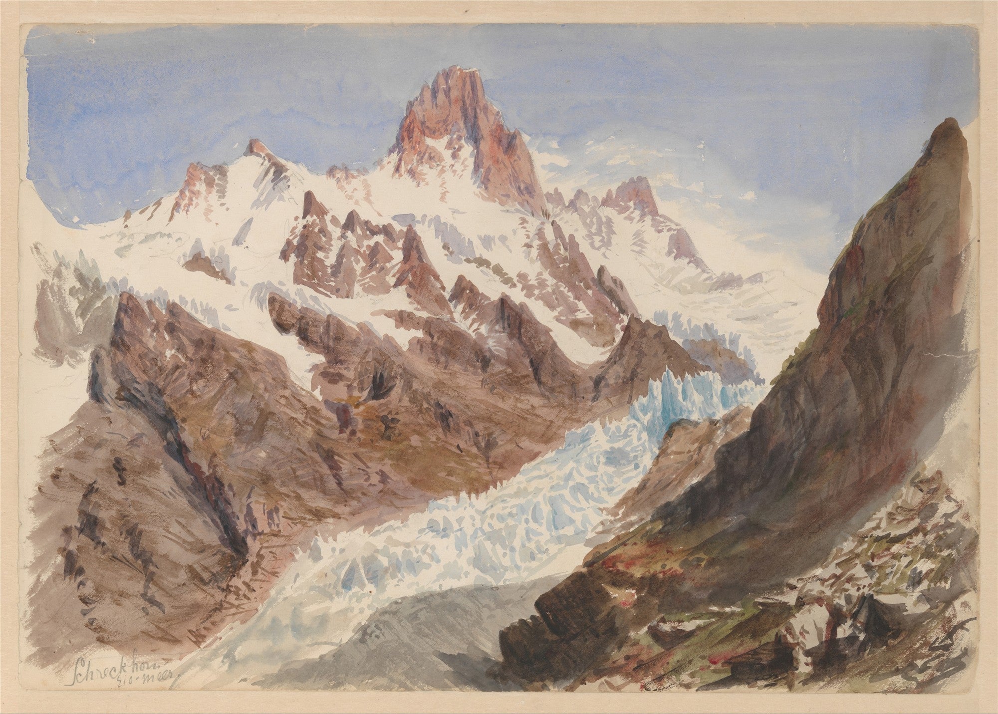 Aquarela de John Singer Sargent mostrando montanhas rochosas cobertas de neve e gelo, com um céu azul claro ao fundo.