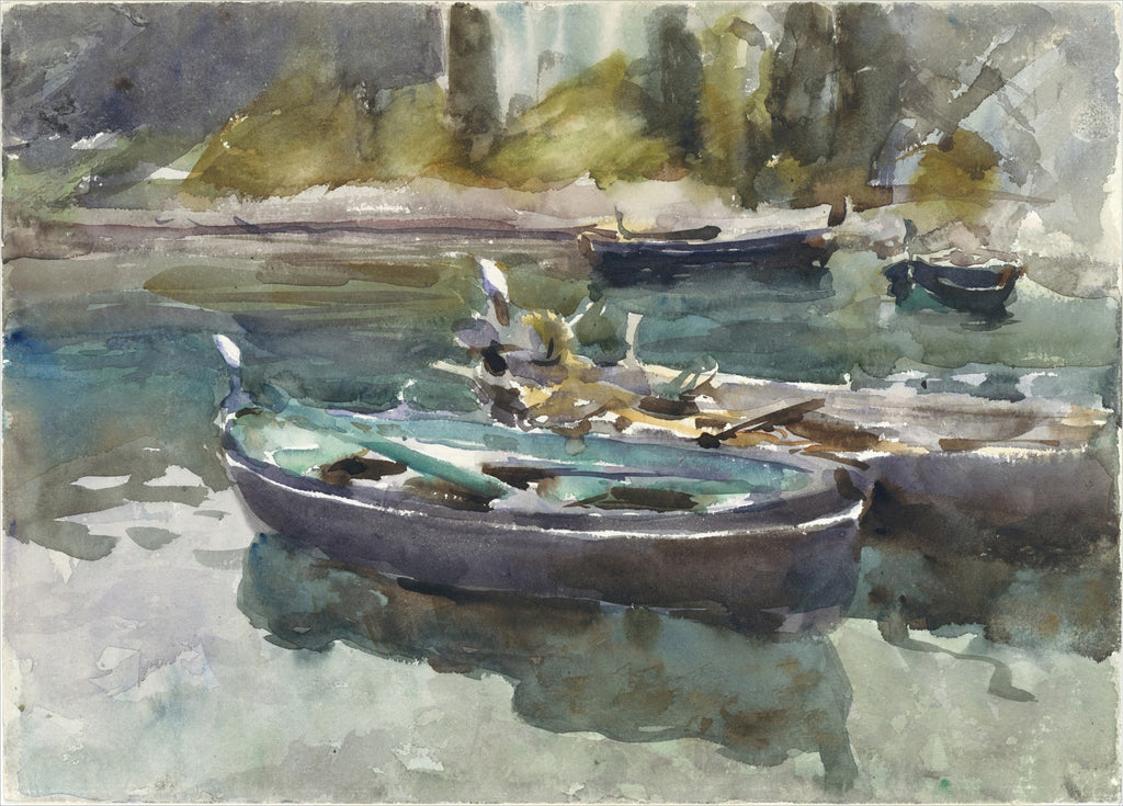 Quadro decorativo com aquarela de John Singer Sargent, "Barcos em Veneza", mostrando barcos de madeira em águas calmas com reflexos, e vegetação no fundo, em tons de azul, verde e marrom.
