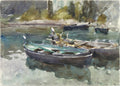 Quadro decorativo com aquarela de John Singer Sargent, "Barcos em Veneza", mostrando barcos de madeira em águas calmas com reflexos, e vegetação no fundo, em tons de azul, verde e marrom.
