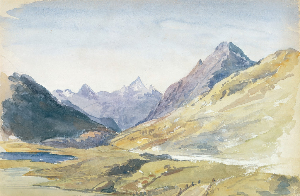 Aquarela de John Singer Sargent com paisagem alpina, montanhas em tons de cinza e azul, vale em ocre e verde, e um pequeno lago azul à esquerda.