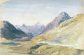 Aquarela de John Singer Sargent com paisagem alpina, montanhas em tons de cinza e azul, vale em ocre e verde, e um pequeno lago azul à esquerda.