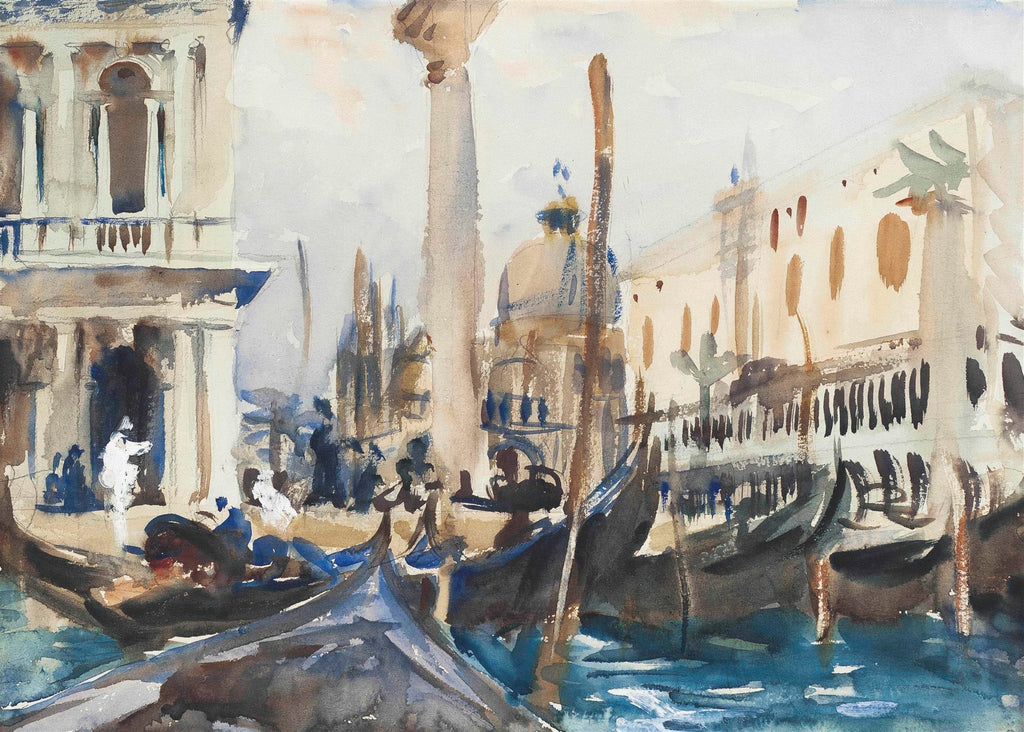 Aquarela vibrante de John Singer Sargent retratando um canal de Veneza com gôndolas e edifícios históricos, em tons de azul, marrom e ocre.