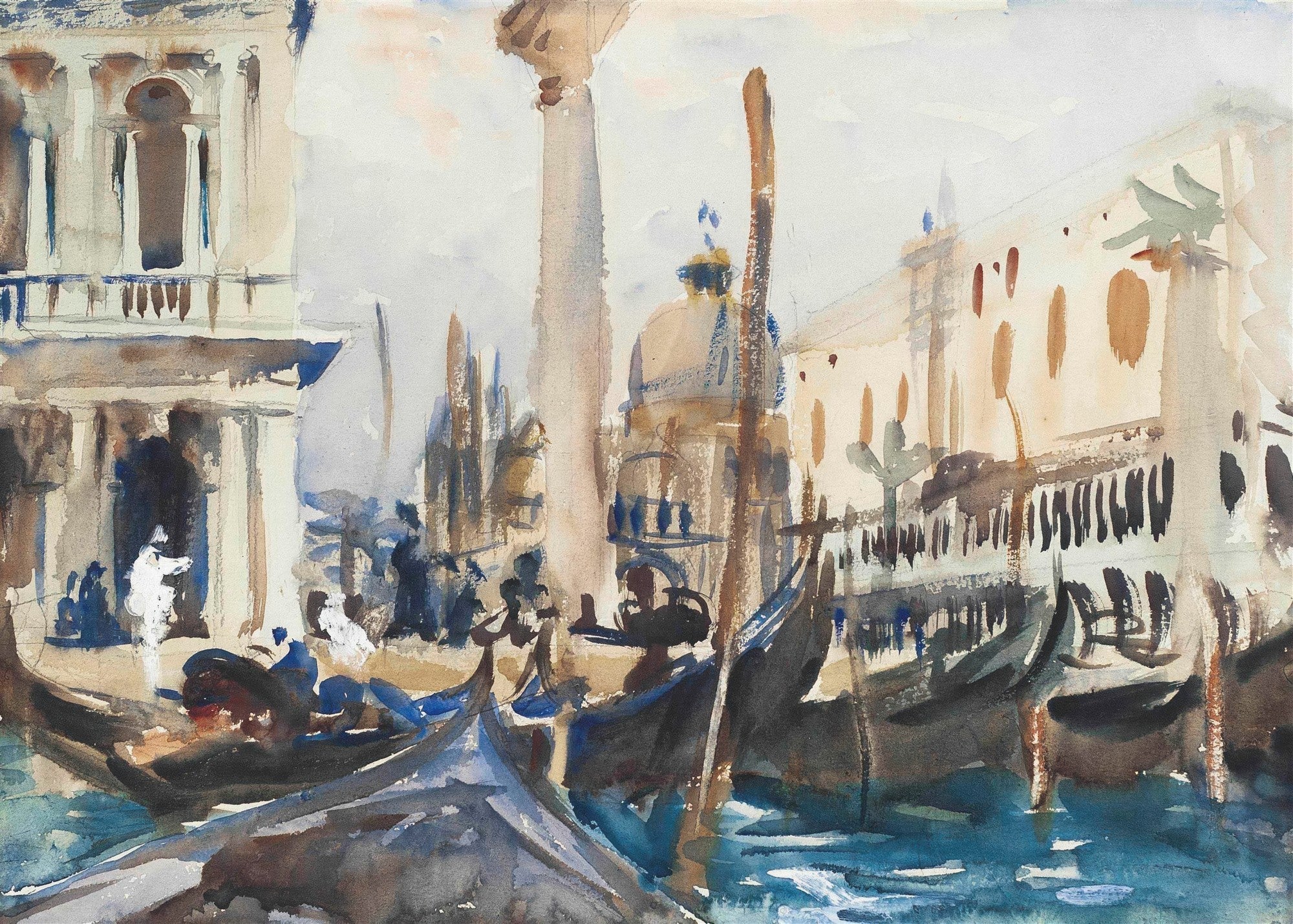 Aquarela vibrante de John Singer Sargent retratando um canal de Veneza com gôndolas e edifícios históricos, em tons de azul, marrom e ocre.