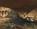 Pintura a óleo de John Singer Sargent mostrando gôndolas e pessoas sob uma ponte em Veneza com luz dourada refletindo na água