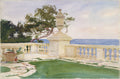 Aquarela de John Singer Sargent, 'A Terrace at Corfu', retratando um terraço com balaustrada de pedra e um grande vaso ornamental, gramado e vegetação exuberante à esquerda, com o mar azul ao fundo sob um céu claro.