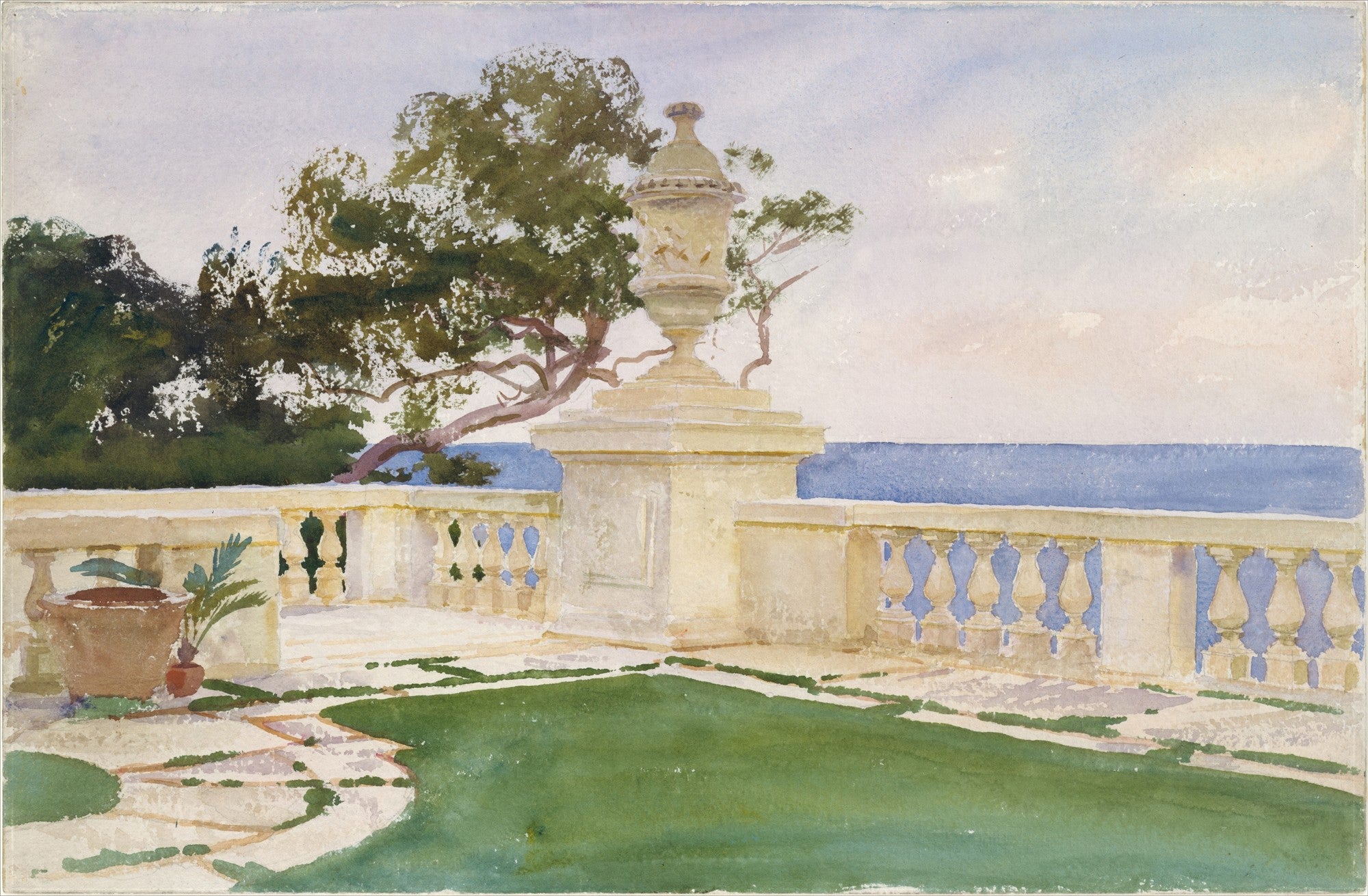 Aquarela de John Singer Sargent, 'A Terrace at Corfu', retratando um terraço com balaustrada de pedra e um grande vaso ornamental, gramado e vegetação exuberante à esquerda, com o mar azul ao fundo sob um céu claro.