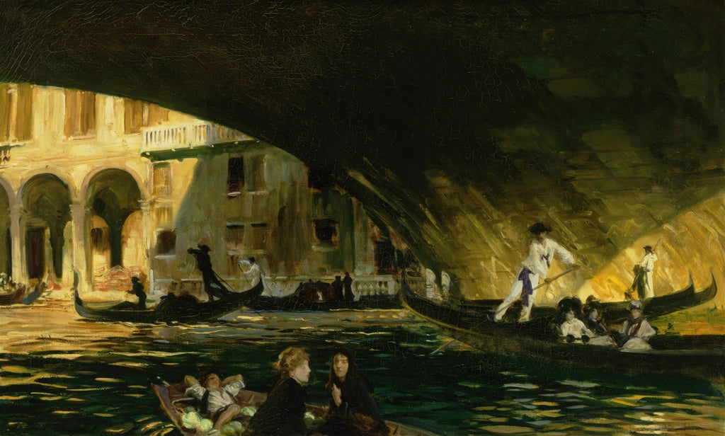 Pintura a óleo de John Singer Sargent, 'A Ponte dos Suspiros, Veneza', mostrando gôndolas e pessoas sob uma ponte escura, com edifícios iluminados ao fundo, em um canal veneziano.