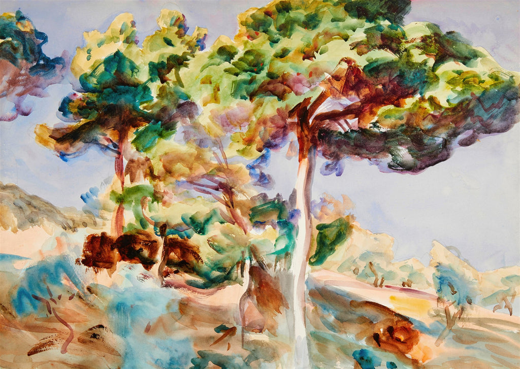 Quadro decorativo em aquarela de John Singer Sargent, representando uma paisagem com árvores frondosas e folhagem em tons de verde, marrom e amarelo, contra um céu azul claro. As pinceladas são soltas e expressivas, capturando a luz e a atmosfera natural.
