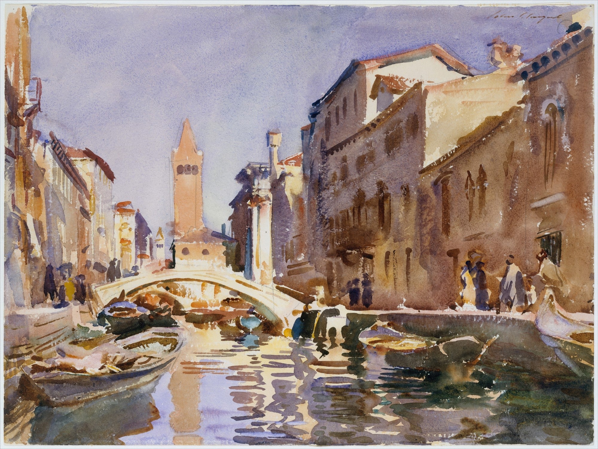 Quadro decorativo com aquarela de John Singer Sargent, 'A Venetian Canal', mostrando um canal em Veneza com barcos, uma ponte e edifícios em tons terrosos sob um céu azul claro.
