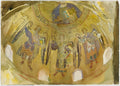 Quadro decorativo com estudo em aquarela de mosaicos bizantinos. Retrata figuras angelicais em tons dourados, marrons e azuis, com detalhes em vermelho e verde, sobre um fundo amarelado. As figuras têm auréolas e asas, e parecem estar dentro de uma abóbada com inscrições.