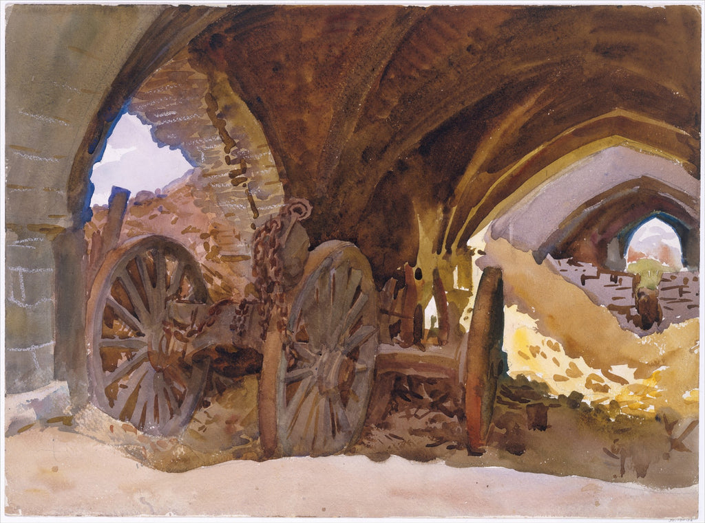 Aquarela de John Singer Sargent de uma carruagem antiga sob um arco de pedra em ruínas, com luz entrando por aberturas e criando contrastes de sombra e claridade.