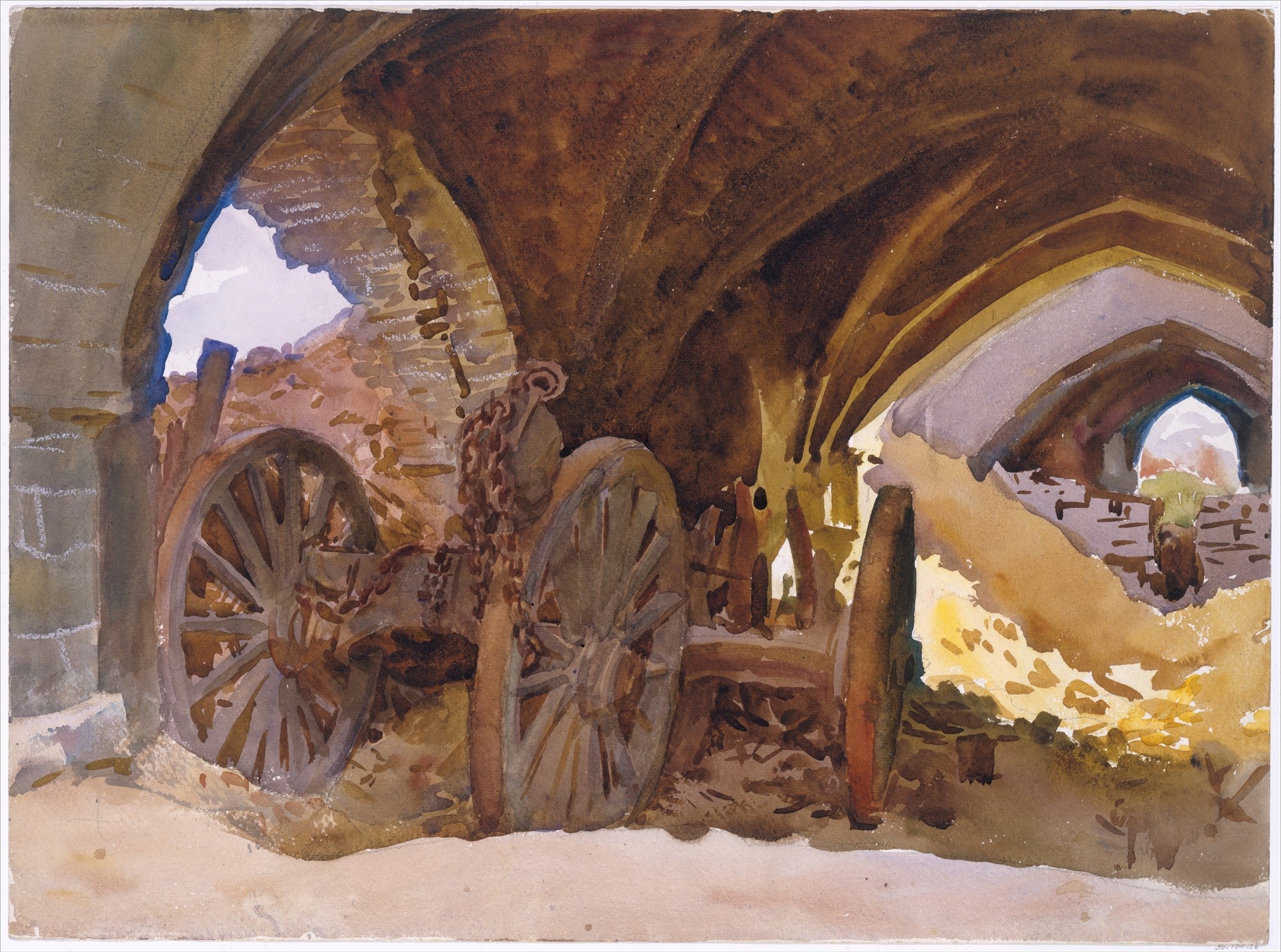 Aquarela de John Singer Sargent de uma carruagem antiga sob um arco de pedra em ruínas, com luz entrando por aberturas e criando contrastes de sombra e claridade.