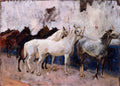 Pintura a óleo de John Singer Sargent, 'Horses Bathing', mostrando cavalos de diferentes cores em movimento, alguns brancos, outros marrons escuros e pretos, com pinceladas soltas e expressivas, num ambiente que remete a um banho ou passagem por água.