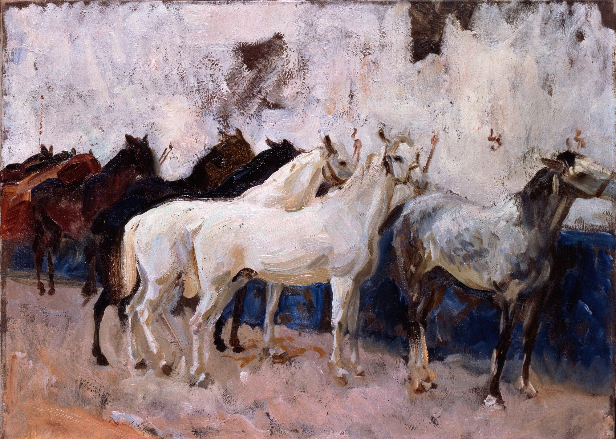 Pintura a óleo de John Singer Sargent, 'Horses Bathing', mostrando cavalos de diferentes cores em movimento, alguns brancos, outros marrons escuros e pretos, com pinceladas soltas e expressivas, num ambiente que remete a um banho ou passagem por água.