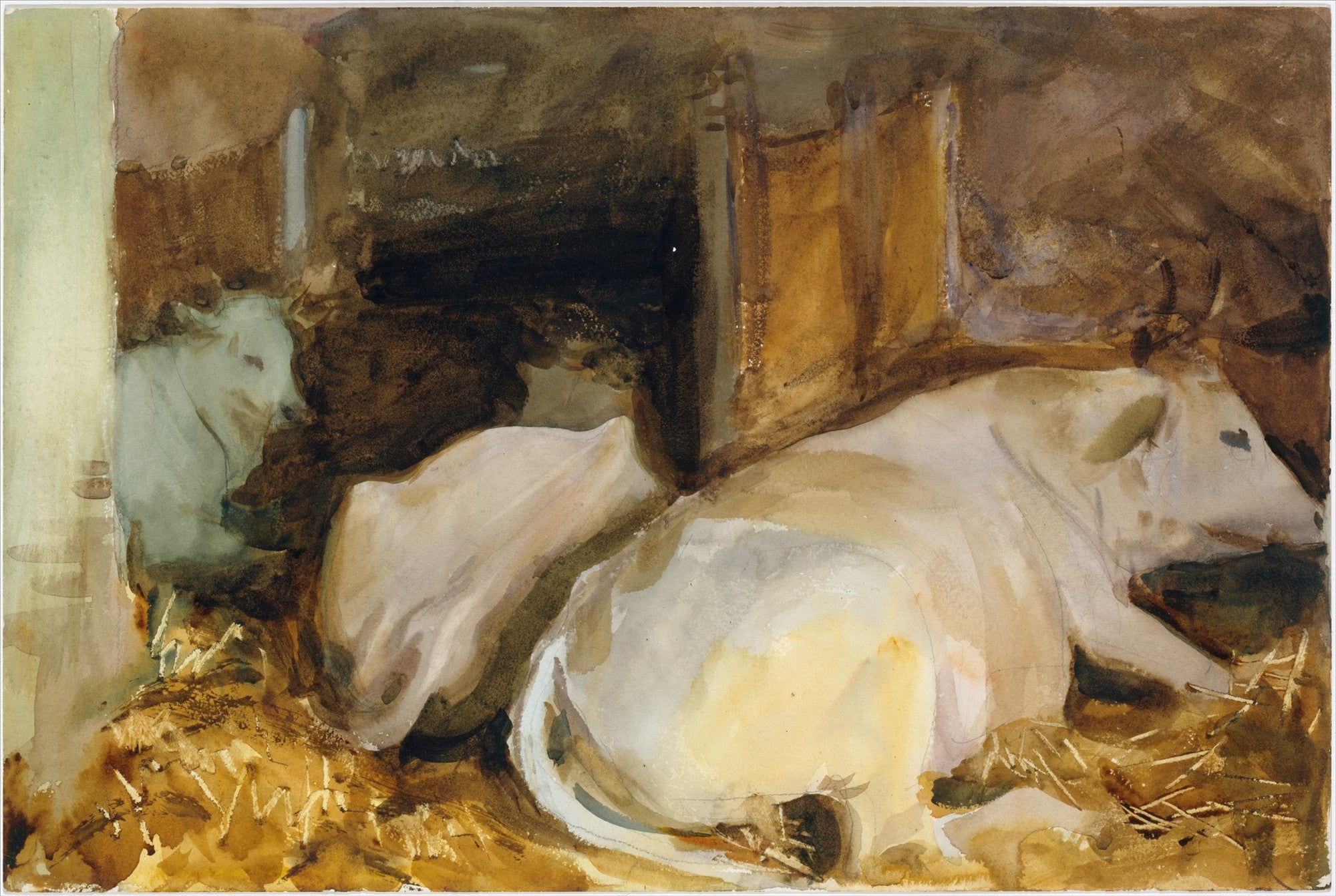 Quadro decorativo com aquarela de John Singer Sargent retratando duas vacas deitadas sobre palha em um celeiro, com tons terrosos e pastel.
