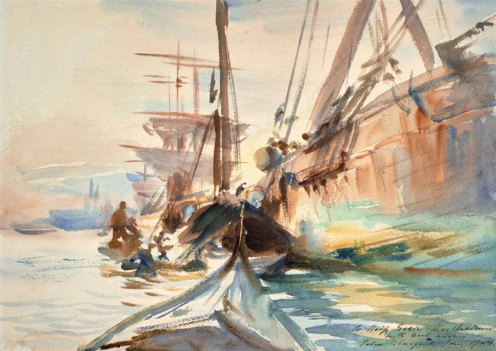 Aquarela de John Singer Sargent retratando um porto com barcos e reflexos na água. Predominam tons de marrom, azul e ocre, com pinceladas soltas e luminosas.