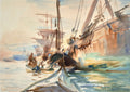 Aquarela de John Singer Sargent retratando um porto com barcos e reflexos na água. Predominam tons de marrom, azul e ocre, com pinceladas soltas e luminosas.