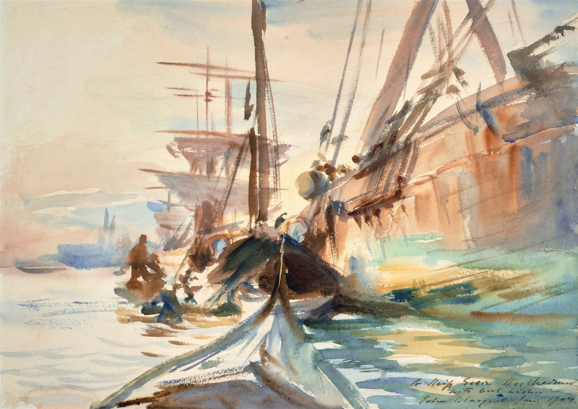 Aquarela de John Singer Sargent retratando um porto com barcos e reflexos na água. Predominam tons de marrom, azul e ocre, com pinceladas soltas e luminosas.