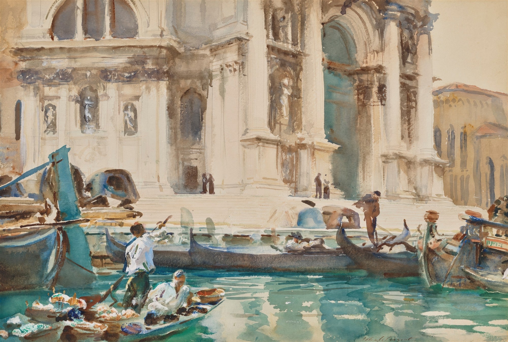 Aquarela vibrante de John Singer Sargent mostrando o Grande Canal em Veneza com gôndolas e a fachada de um edifício barroco, possivelmente Santa Maria della Salute, sob luz solar.