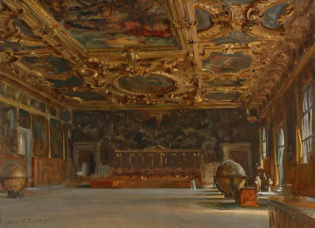 Quadro a óleo de John Singer Sargent, 'O Interior do Palazzo Ducale', mostrando um salão veneziano luxuoso com teto dourado e paredes escuras, iluminado por luz natural