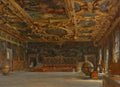 Quadro a óleo de John Singer Sargent, 'O Interior do Palazzo Ducale', mostrando um salão veneziano luxuoso com teto dourado e paredes escuras, iluminado por luz natural