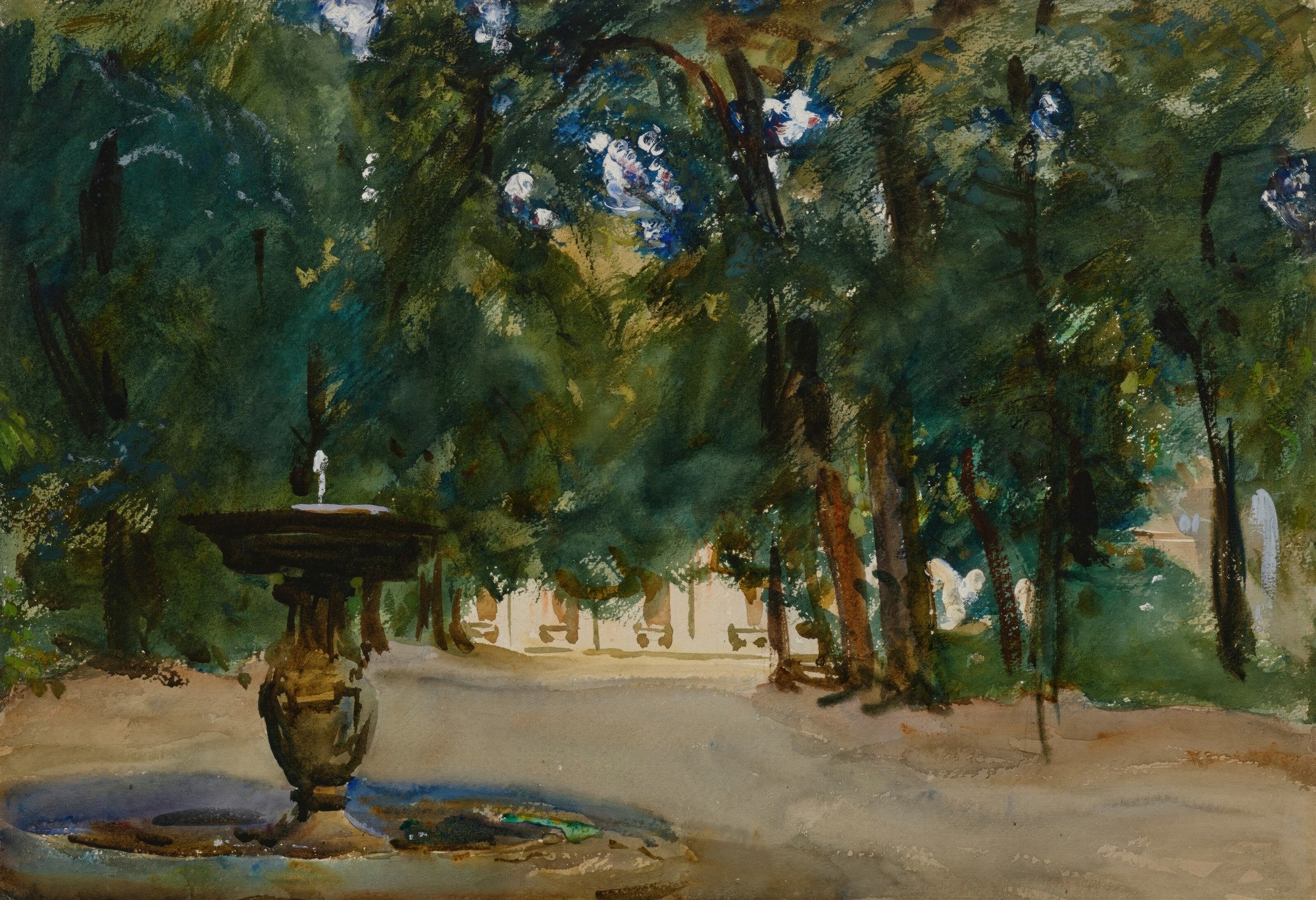 Aquarola de John Singer Sargent, 'Fountain in a Garden', retratando uma fonte de pedra escura em um jardim exuberante com árvores verdes frondosas e flores brancas, sob luz solar filtrada.