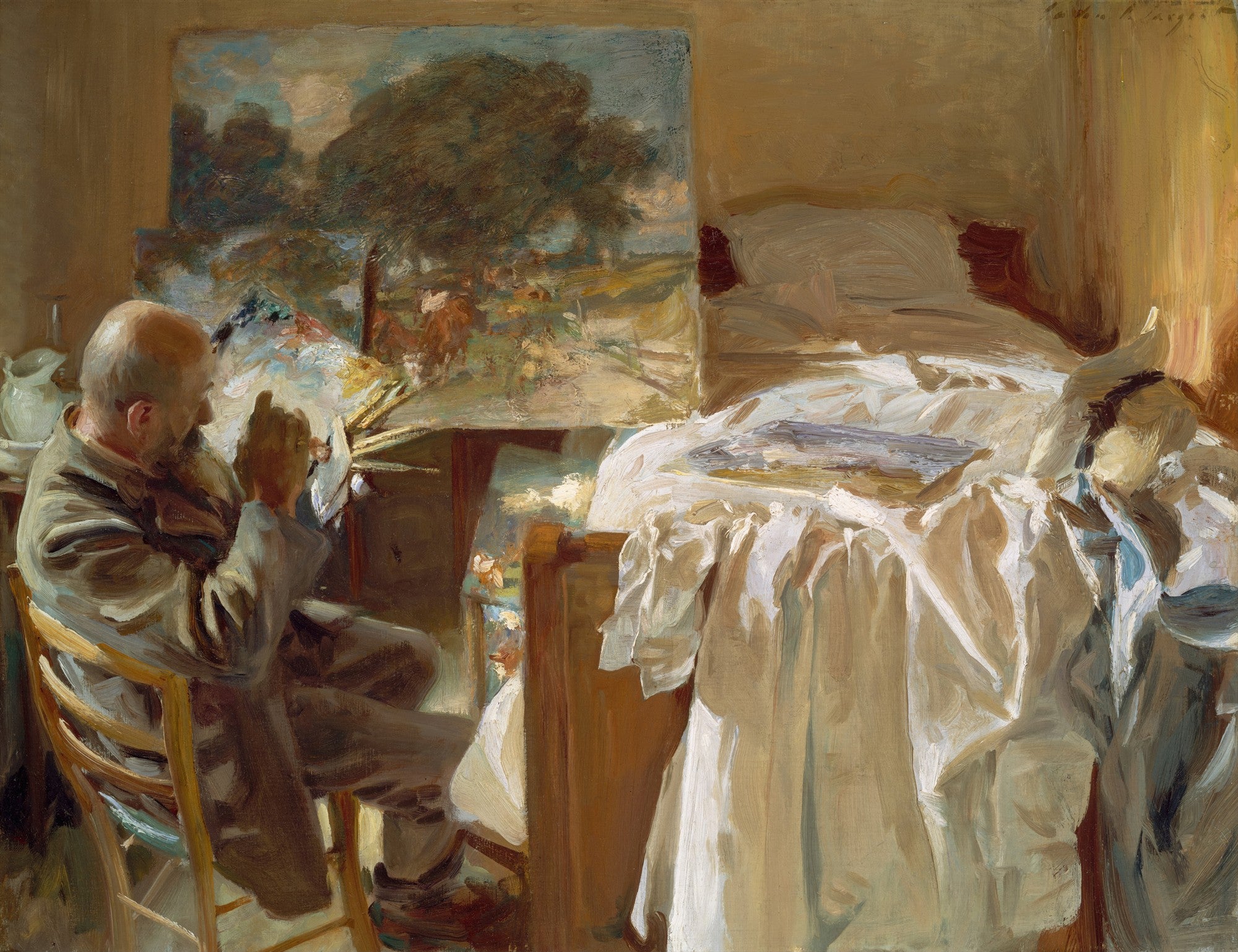 Pintura a óleo de John Singer Sargent, 'O Artista em Seu Estúdio', mostrando um homem barbudo pintando em um estúdio com uma cama e outra pintura ao fundo.