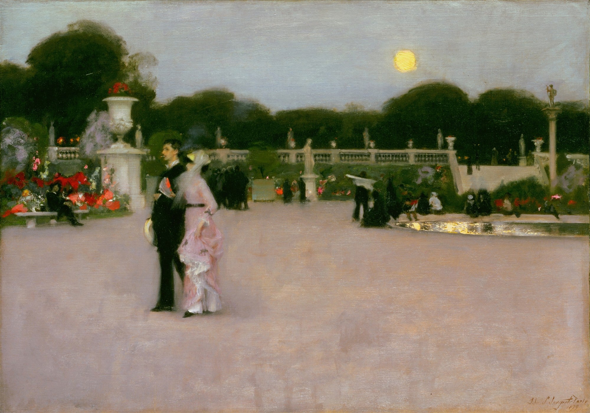 Pintura a óleo de John Singer Sargent, 'Jardins de Luxemburgo', retratando figuras elegantes em um jardim parisiense ao anoitecer sob a luz da lua.
