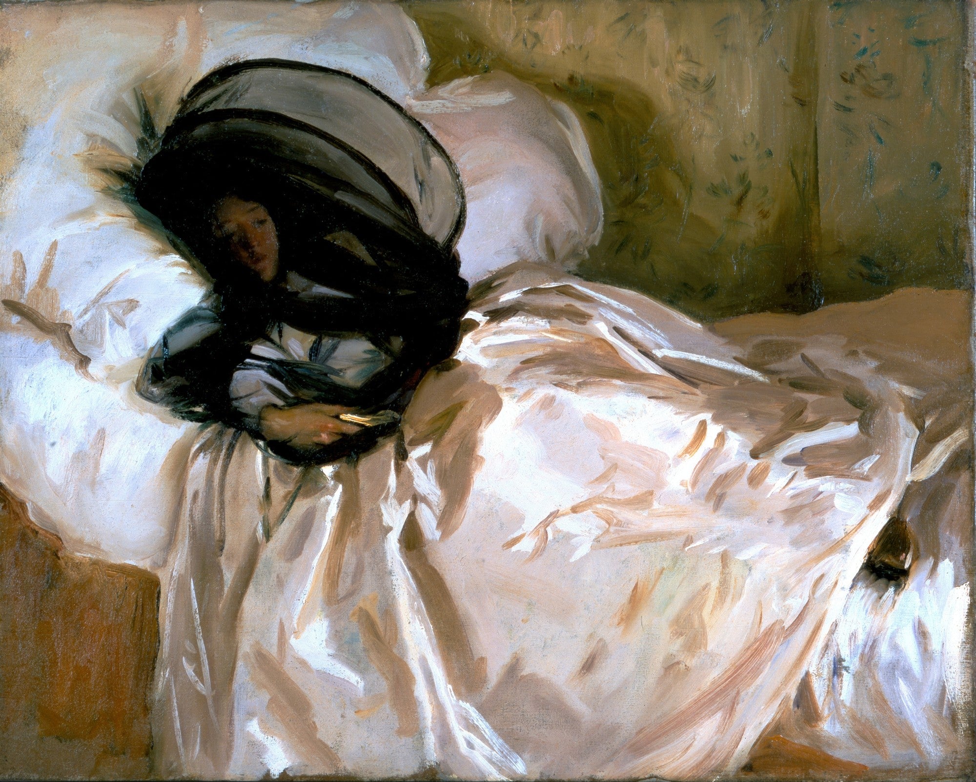 Pintura a óleo de John Singer Sargent, 'A Dama Adormecida', mostrando uma mulher deitada em uma cama com lençóis brancos, coberta por um chapéu escuro que esconde parcialmente seu rosto, transmitindo uma sensação de repouso e intimidade.