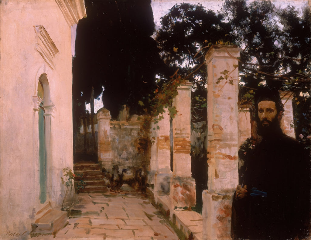 Pintura de John Singer Sargent mostrando uma rua de mosteiro com um monge barbudo e escadas de pedra
