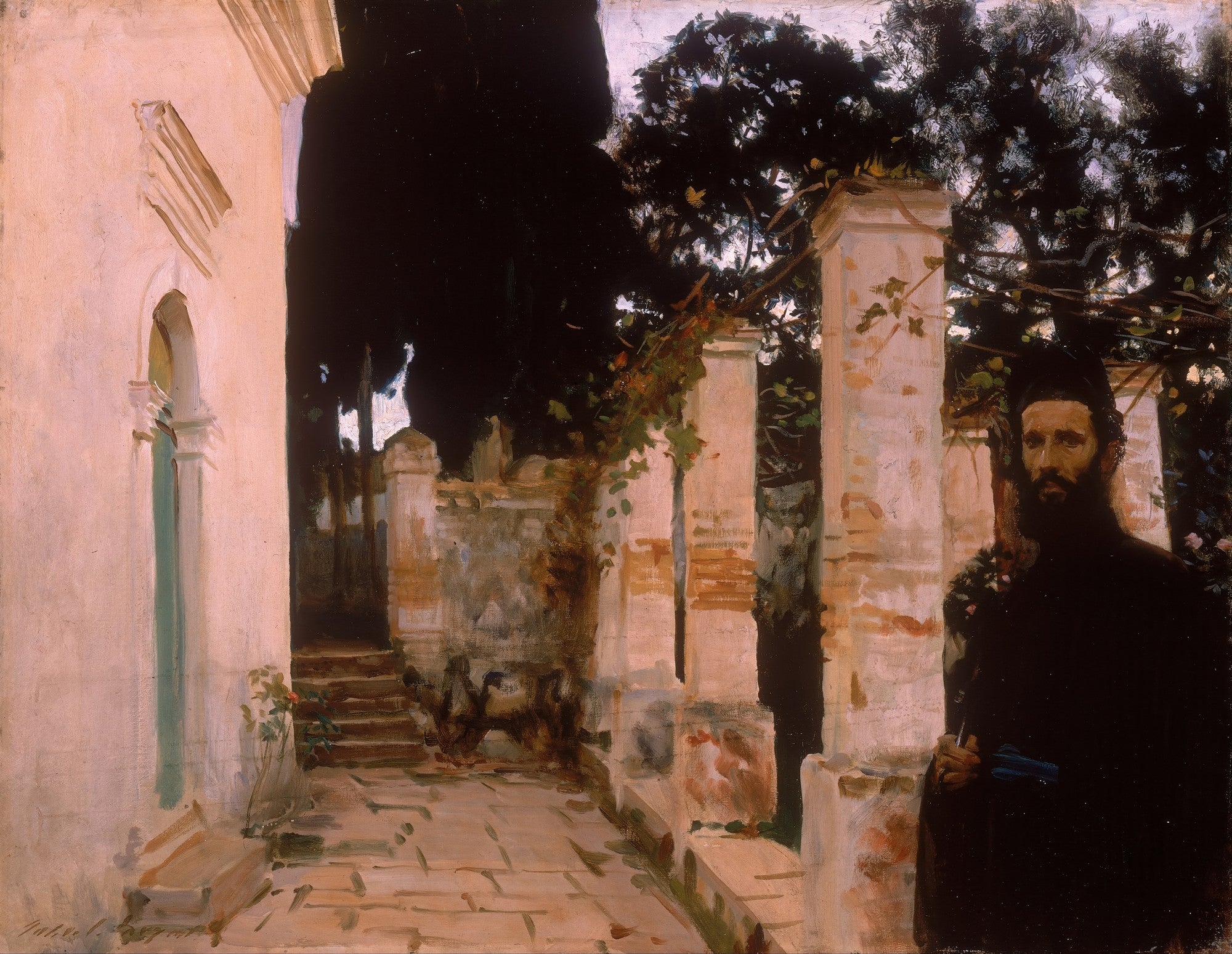 Pintura de John Singer Sargent mostrando uma rua de mosteiro com um monge barbudo e escadas de pedra
