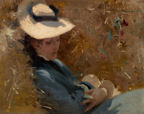 Pintura a óleo de John Singer Sargent, 'Repouso', mostrando uma mulher de chapéu branco reclinada, com pinceladas soltas e tons terrosos e azuis. A assinatura do artista 'John S Sargent' é visível no canto superior direito.