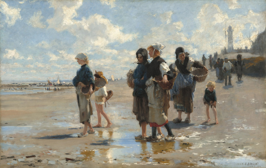 Pintura de John Singer Sargent mostrando um grupo de mulheres e crianças em uma praia arenosa com poças d'água, carregando cestos de colheita. Ao fundo, barcos e um farol sob um céu azul com nuvens brancas.