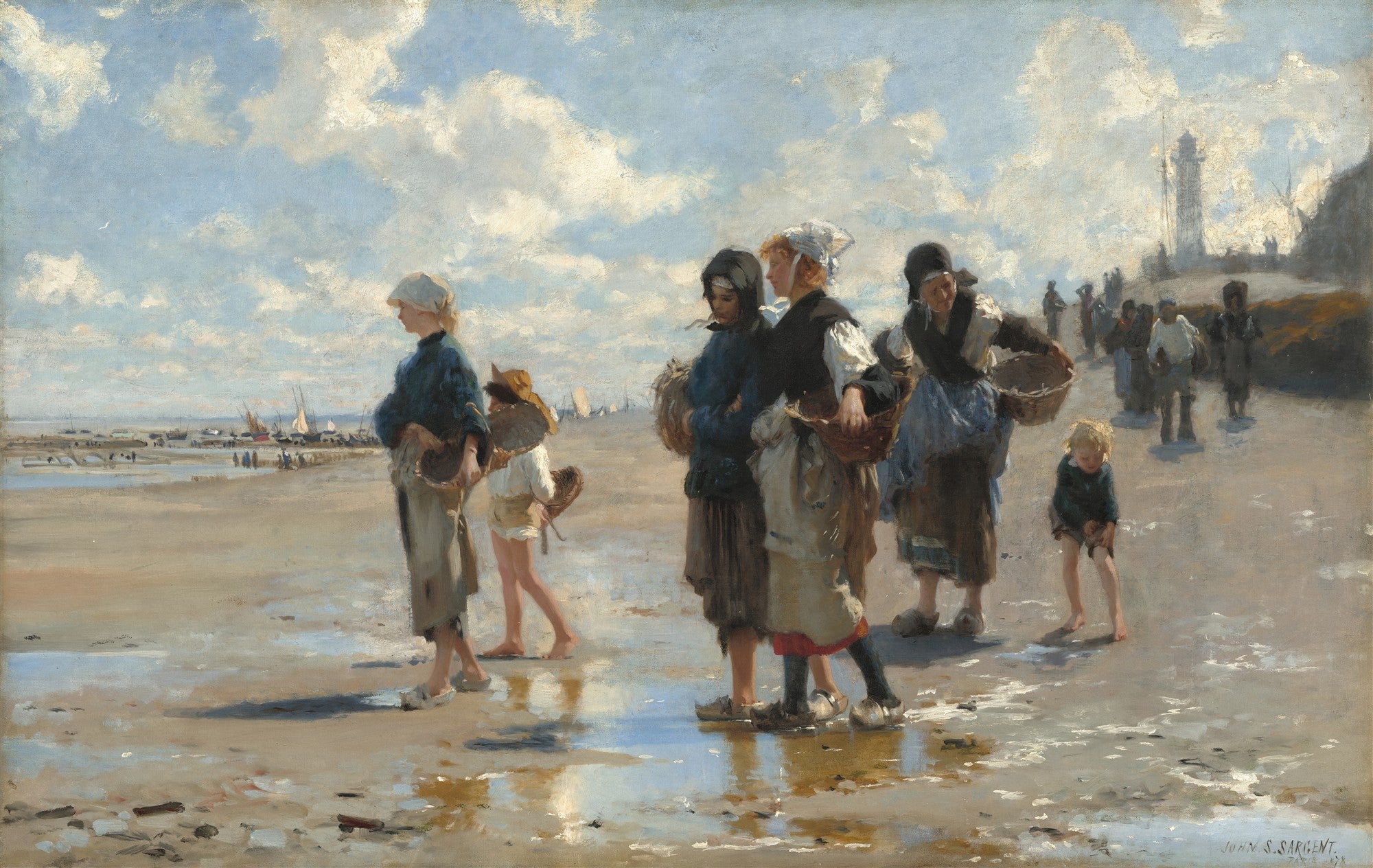 Pintura de John Singer Sargent mostrando um grupo de mulheres e crianças em uma praia arenosa com poças d'água, carregando cestos de colheita. Ao fundo, barcos e um farol sob um céu azul com nuvens brancas.